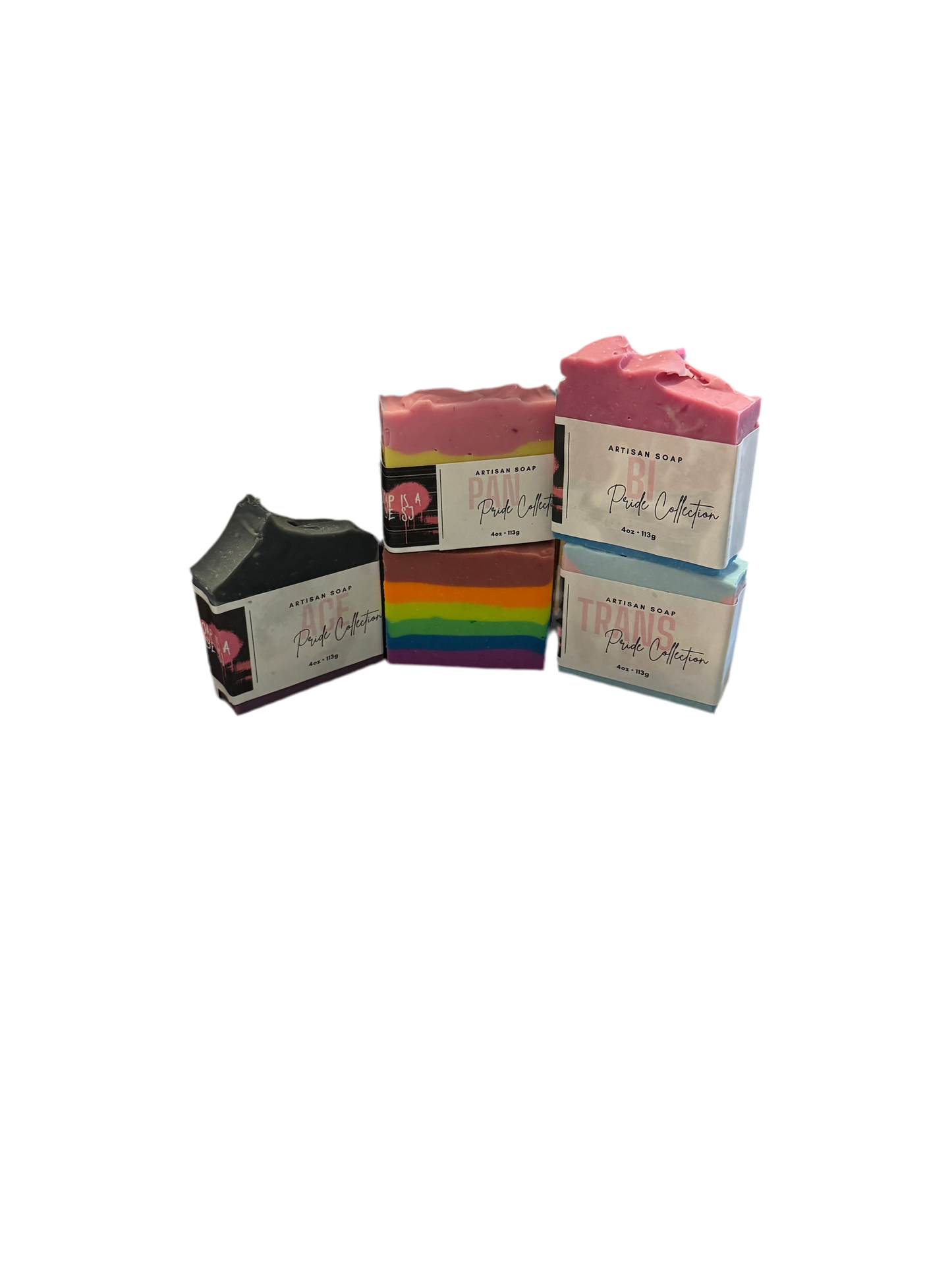 Pride Collection! Stack of soaps featuring the pride flags of ace, Trans, Bi, Rainbow,