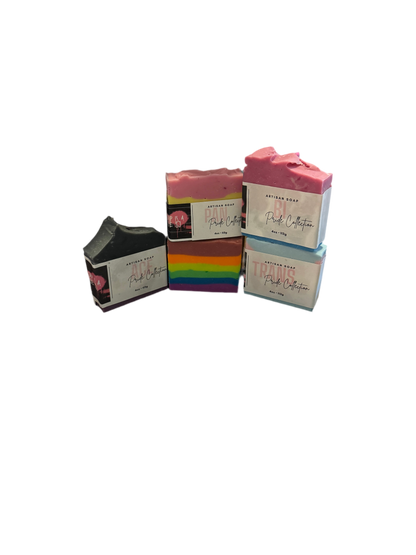 Pride Collection! Stack of soaps featuring the pride flags of ace, Trans, Bi, Rainbow,