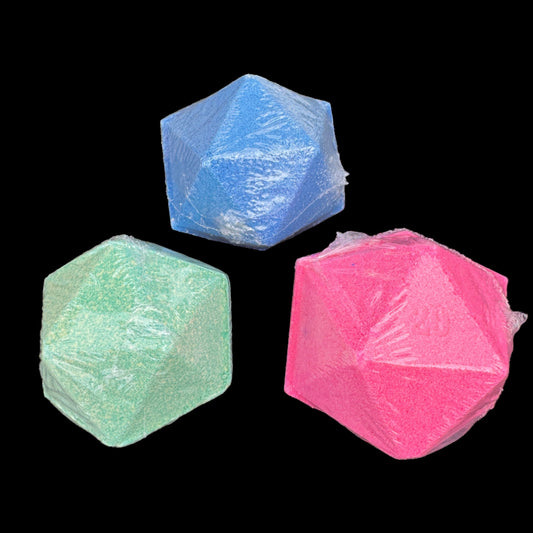 D20 bath bombs in Blue, Green, and Pink