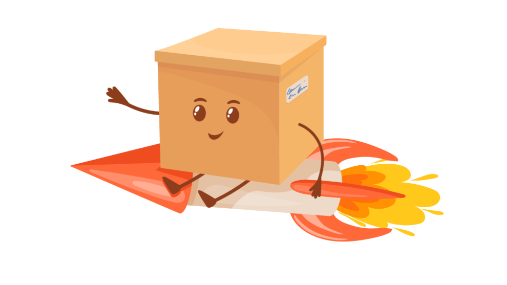 Cartoon cardboard boxes with various expressions and actions on a white background