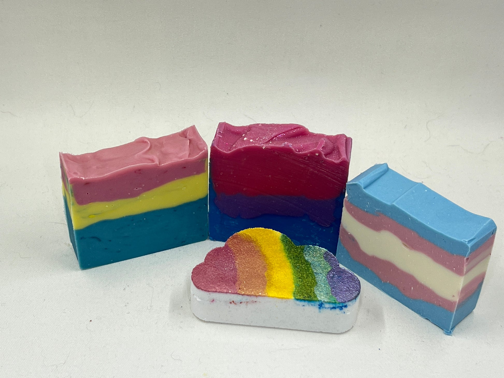 Pride Collection Artisan Soap made in San Jose California Trans Pride Bi pride Pan Pride Rainbow Clouds bath bomb