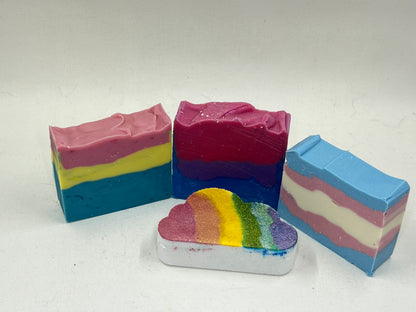 Pride Collection Artisan Soap made in San Jose California Trans Pride Bi pride Pan Pride Rainbow Clouds bath bomb
