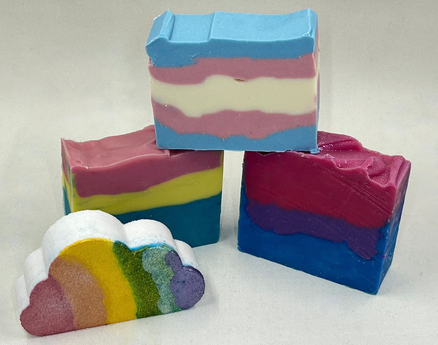 Pride Collection Artisan Soap made in San Jose California Trans Pride Bi pride Pan Pride Rainbow Clouds bath bomb