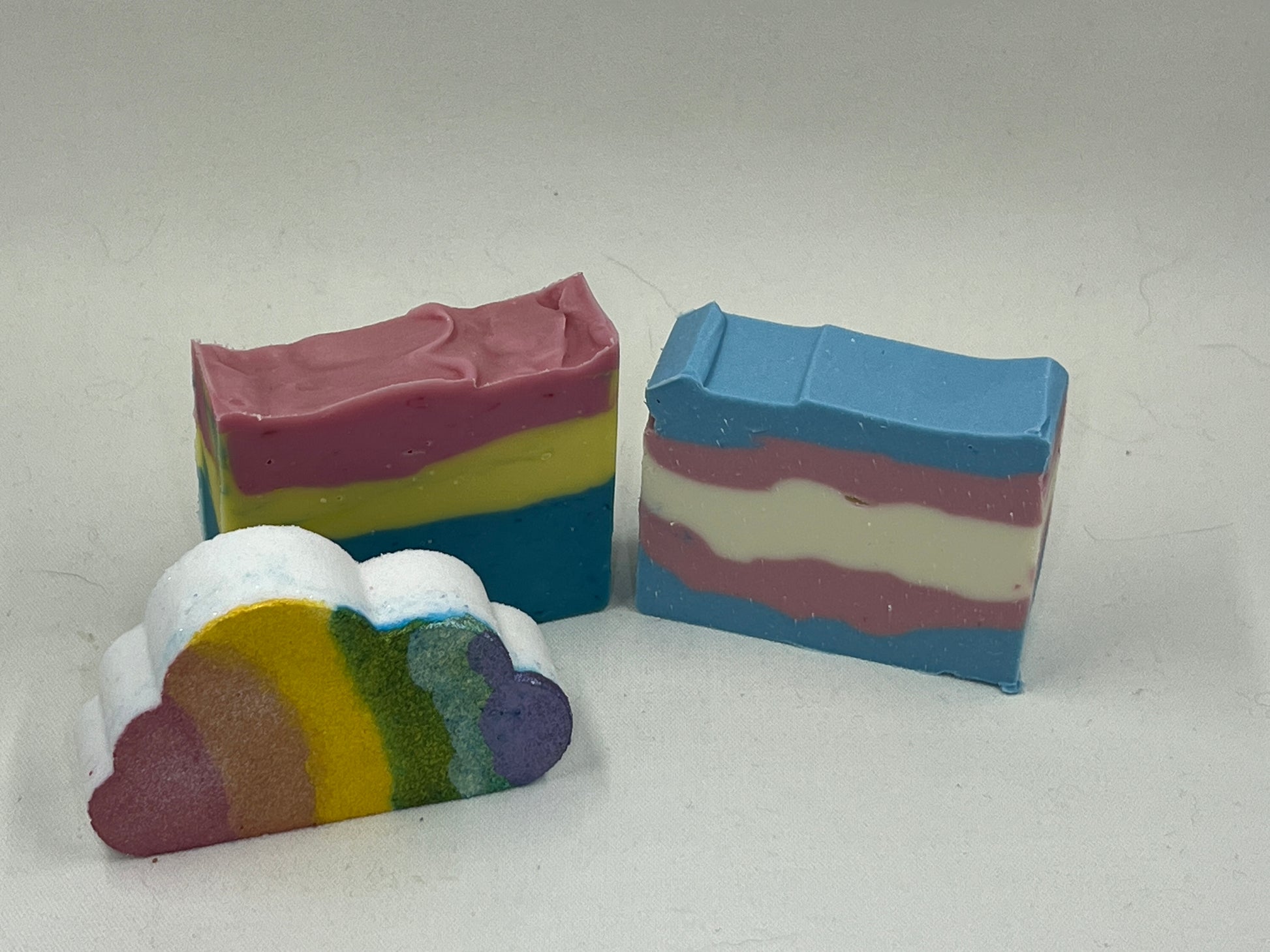 Pride Collection Artisan Soap made in San Jose California Trans Pride Bi pride Pan Pride Rainbow Clouds bath bomb