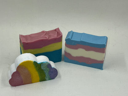 Pride Collection Artisan Soap made in San Jose California Trans Pride Bi pride Pan Pride Rainbow Clouds bath bomb