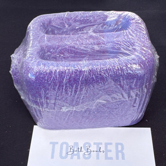 Purple Toaster bath bomb with ingredients list Made in California